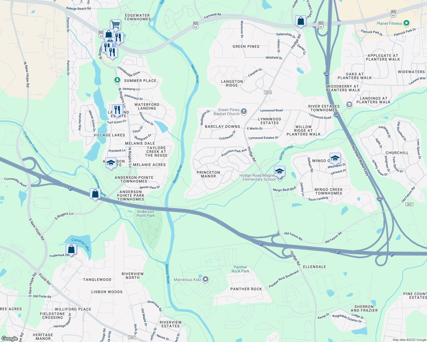 map of restaurants, bars, coffee shops, grocery stores, and more near 2006 Fern Cottage Ln in Knightdale