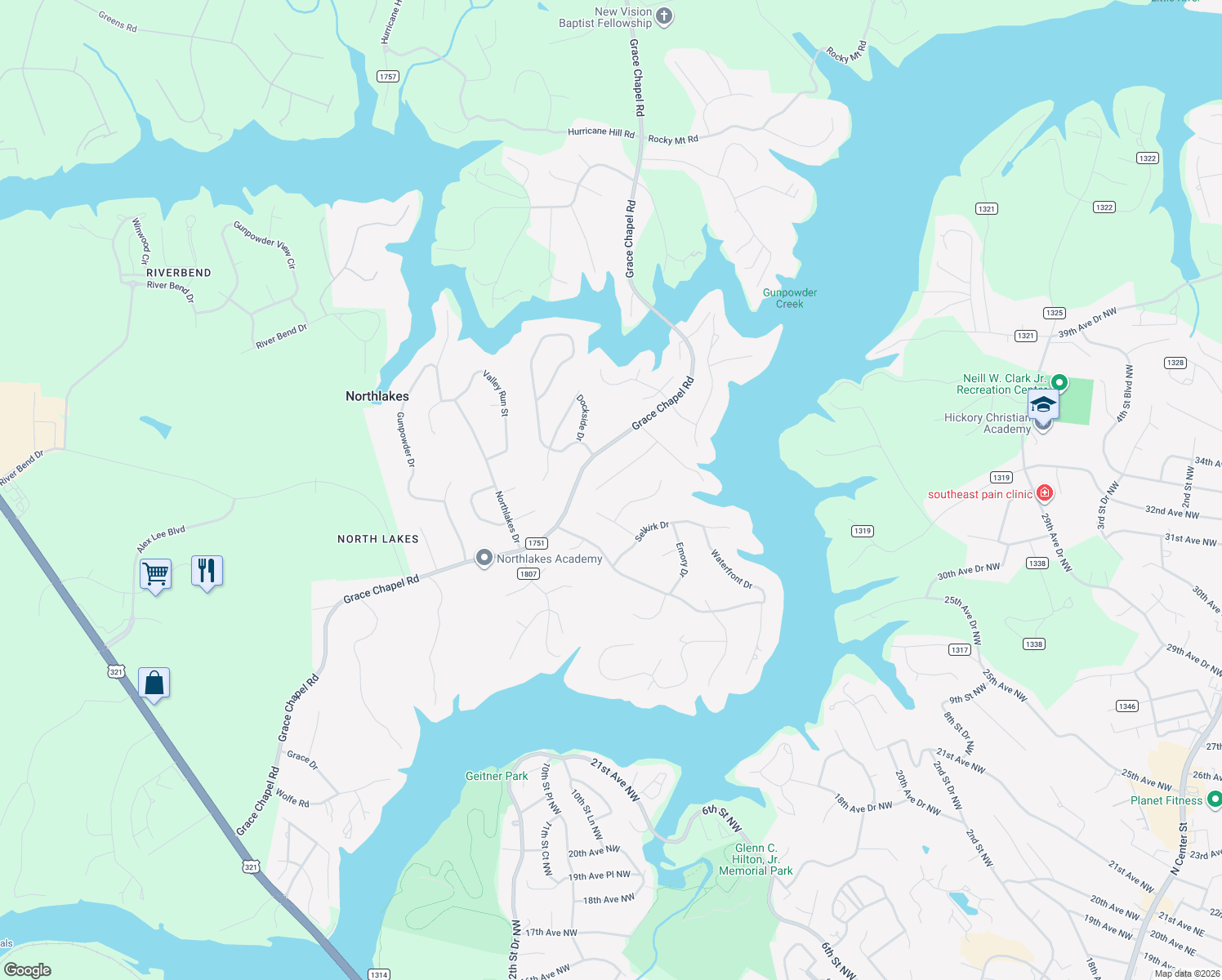 map of restaurants, bars, coffee shops, grocery stores, and more near 5763 Jeremiah Court in Hickory
