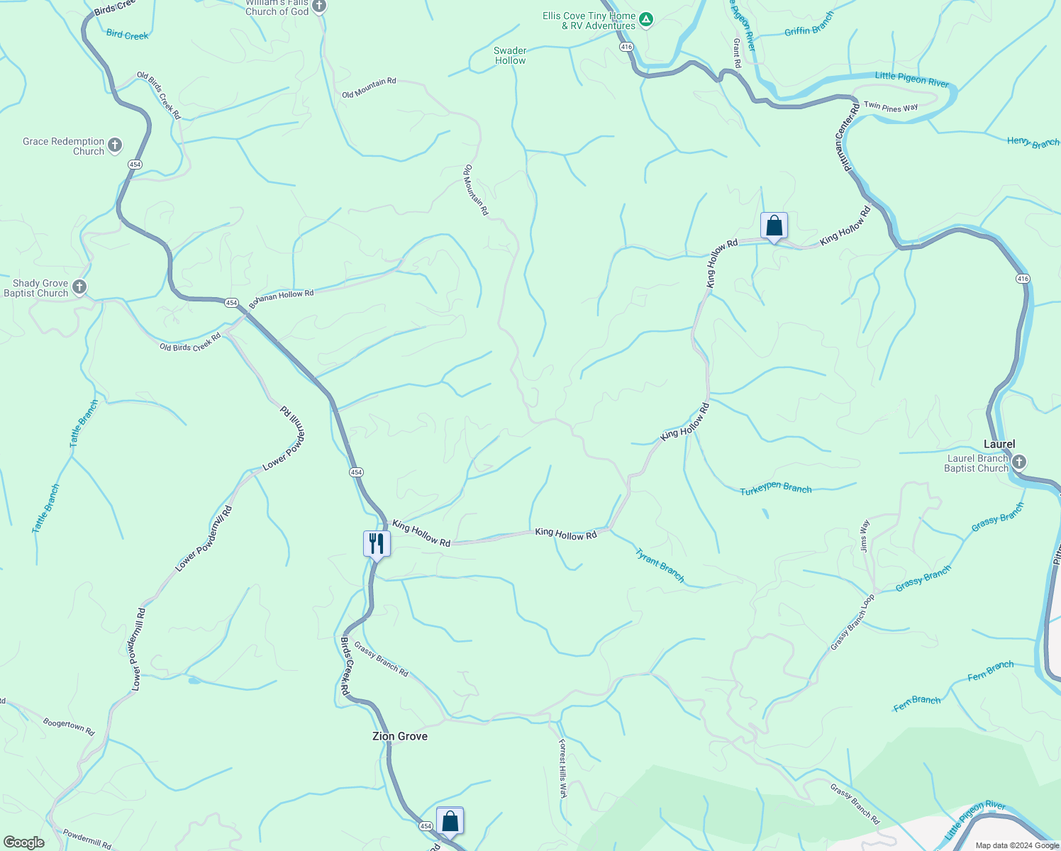 map of restaurants, bars, coffee shops, grocery stores, and more near 3779 Old Mountain Road in Sevierville