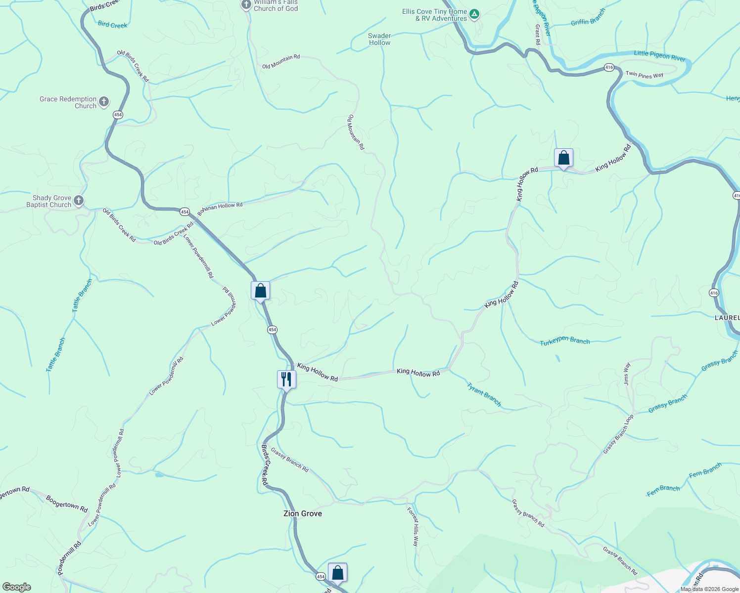 map of restaurants, bars, coffee shops, grocery stores, and more near 2240 Breezy Road in Sevierville