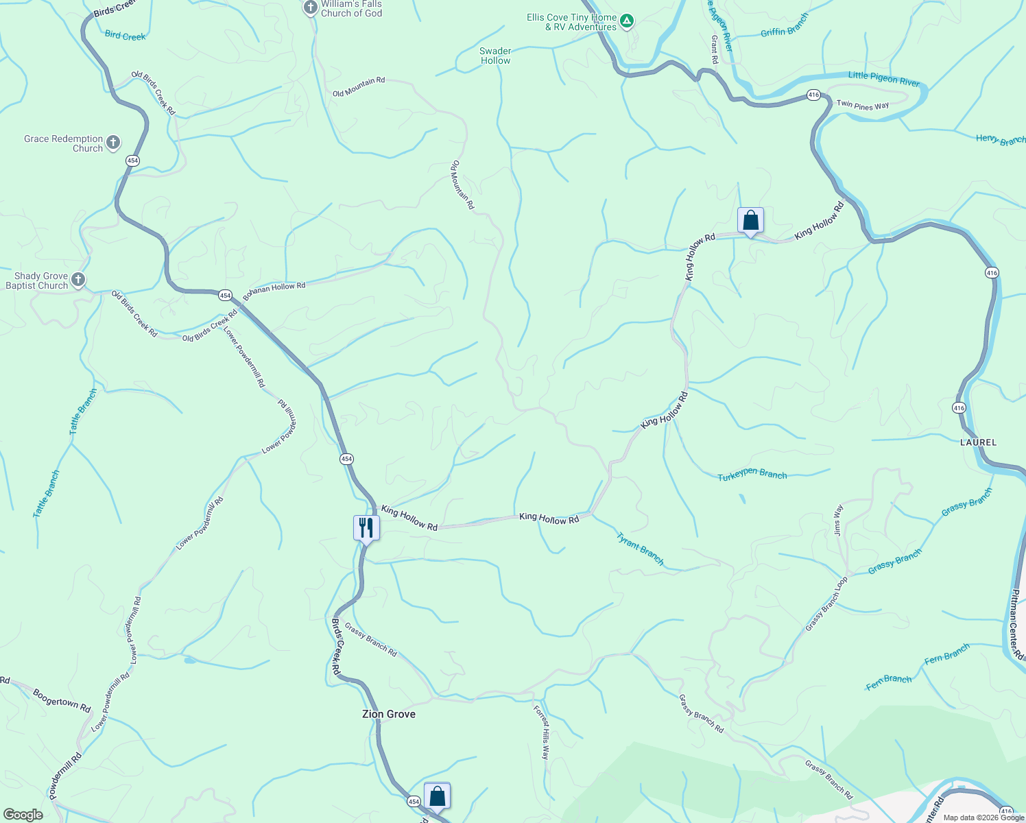 map of restaurants, bars, coffee shops, grocery stores, and more near 3779 Old Mountain Road in Sevierville