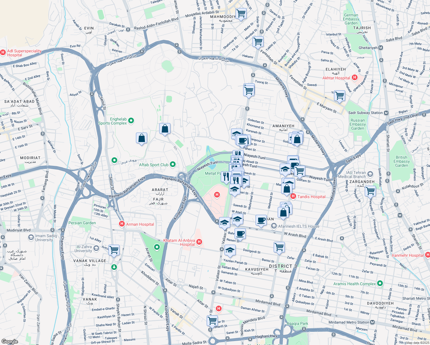 map of restaurants, bars, coffee shops, grocery stores, and more near Valiasr Street in Tehran