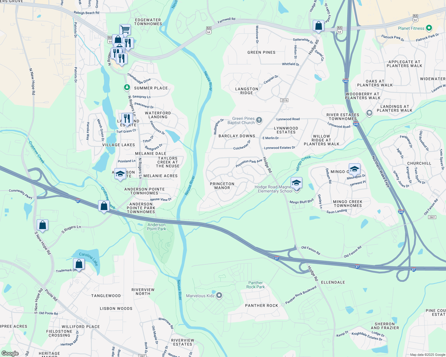 map of restaurants, bars, coffee shops, grocery stores, and more near 4002 Fern Cottage Lane in Knightdale