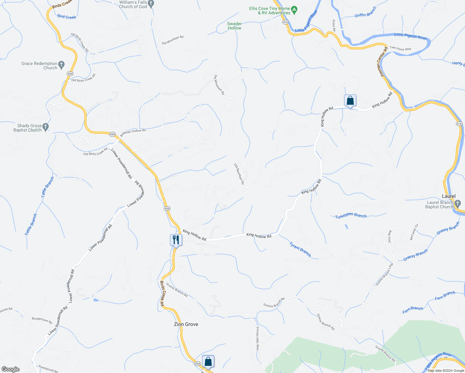 map of restaurants, bars, coffee shops, grocery stores, and more near 2240 Breezy Road in Sevierville