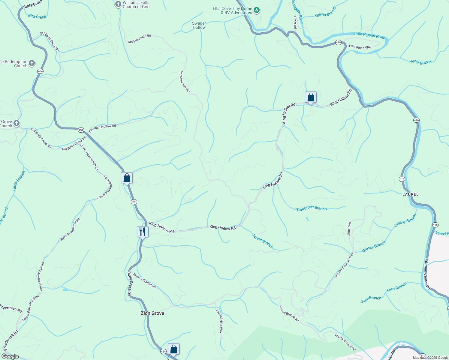 map of restaurants, bars, coffee shops, grocery stores, and more near 3607 Pinetree Way in Sevierville