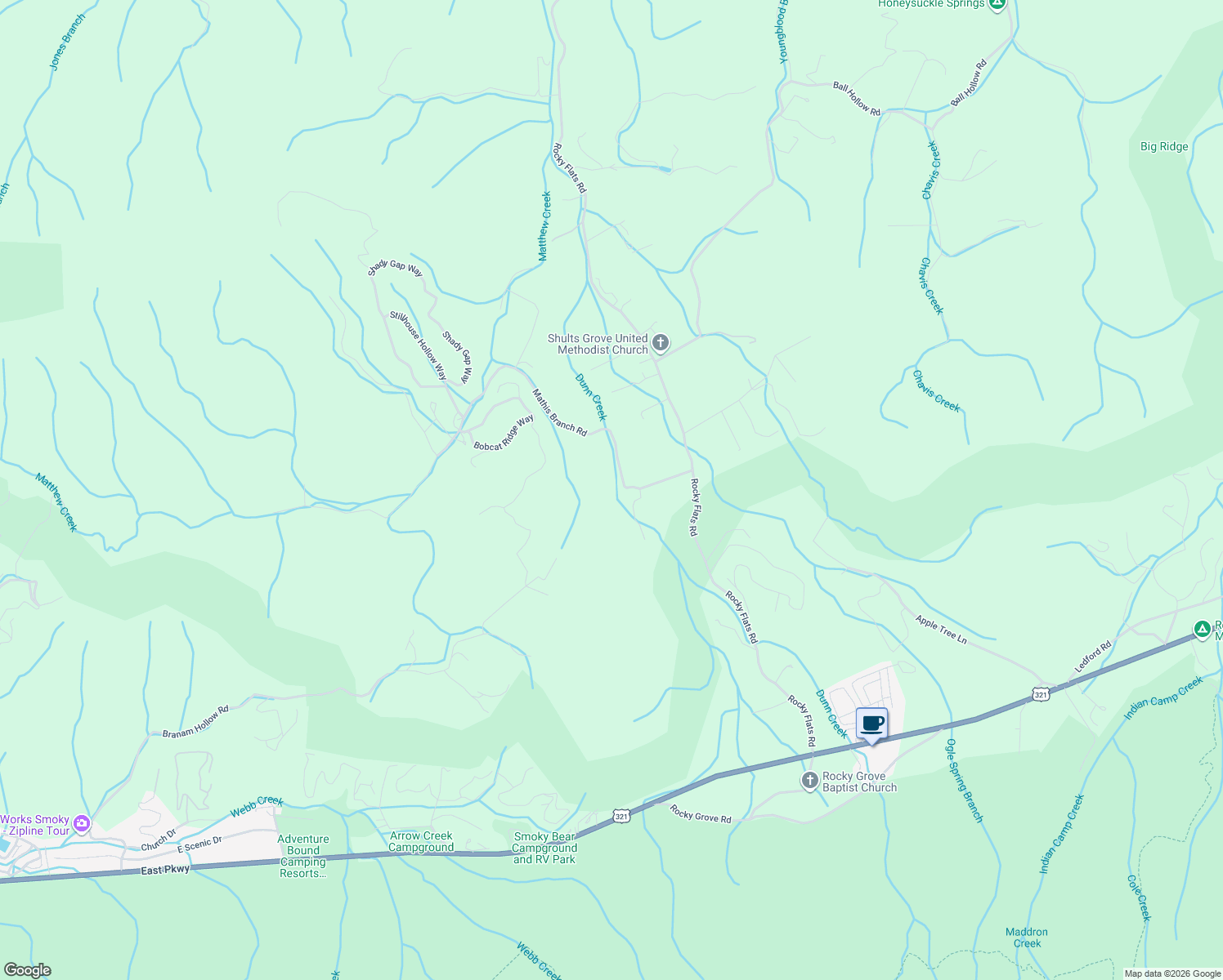 map of restaurants, bars, coffee shops, grocery stores, and more near 5250 Mathis Branch Road in Cosby