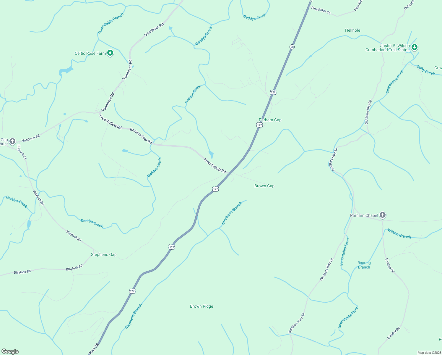 map of restaurants, bars, coffee shops, grocery stores, and more near 1200 Fred Tollett Road in Crossville
