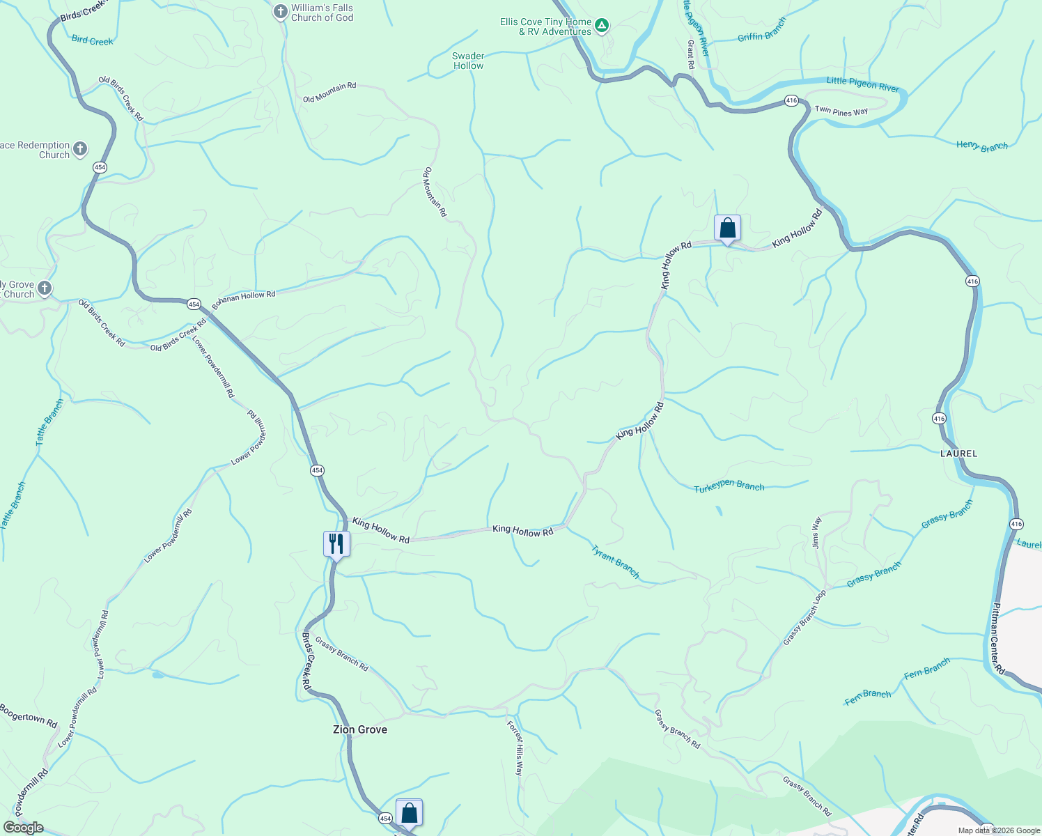 map of restaurants, bars, coffee shops, grocery stores, and more near 3607 Pinetree Way in Sevierville