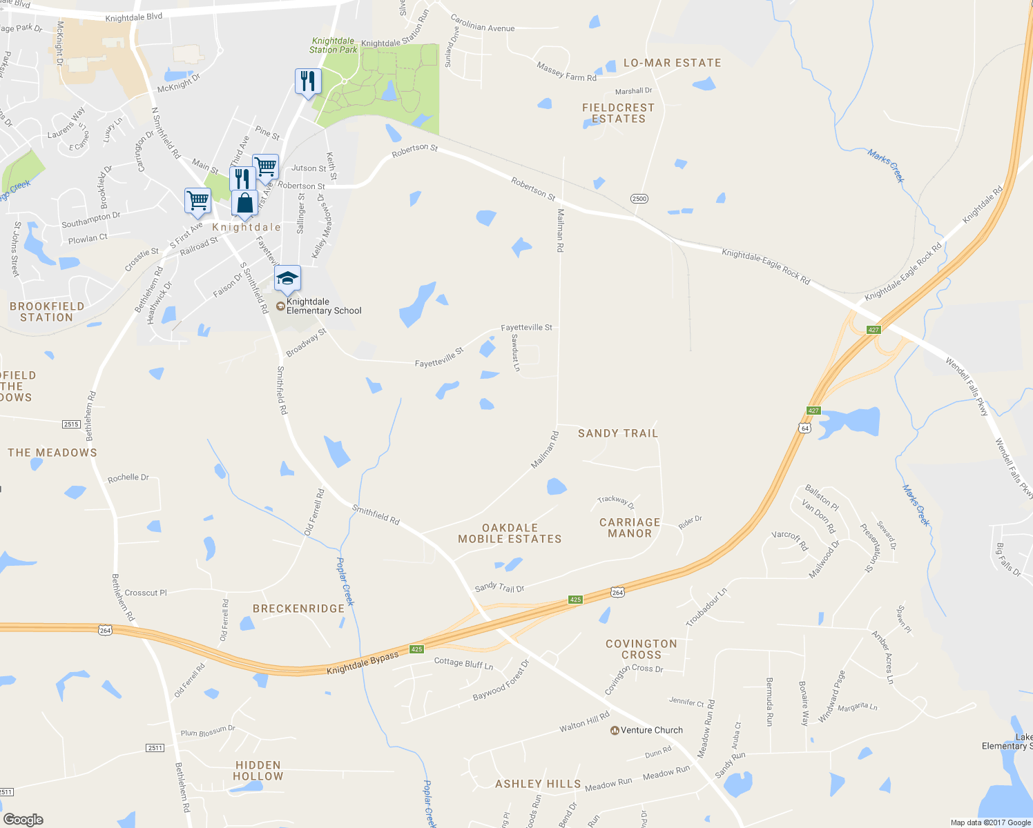 map of restaurants, bars, coffee shops, grocery stores, and more near 438 Mailman Road in Knightdale