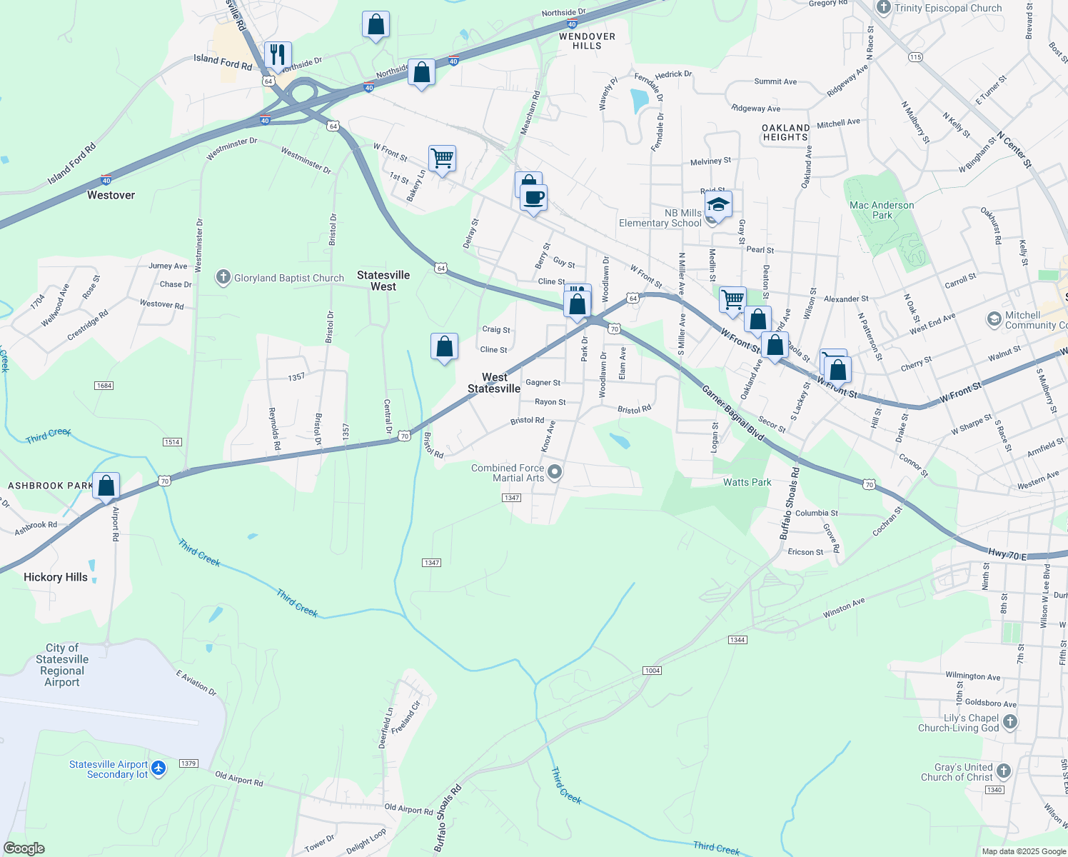 map of restaurants, bars, coffee shops, grocery stores, and more near 2023 Bristol Road in Statesville