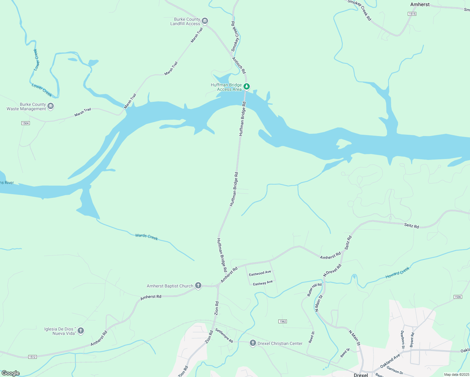 map of restaurants, bars, coffee shops, grocery stores, and more near Huffman Bridge Road in Burke County