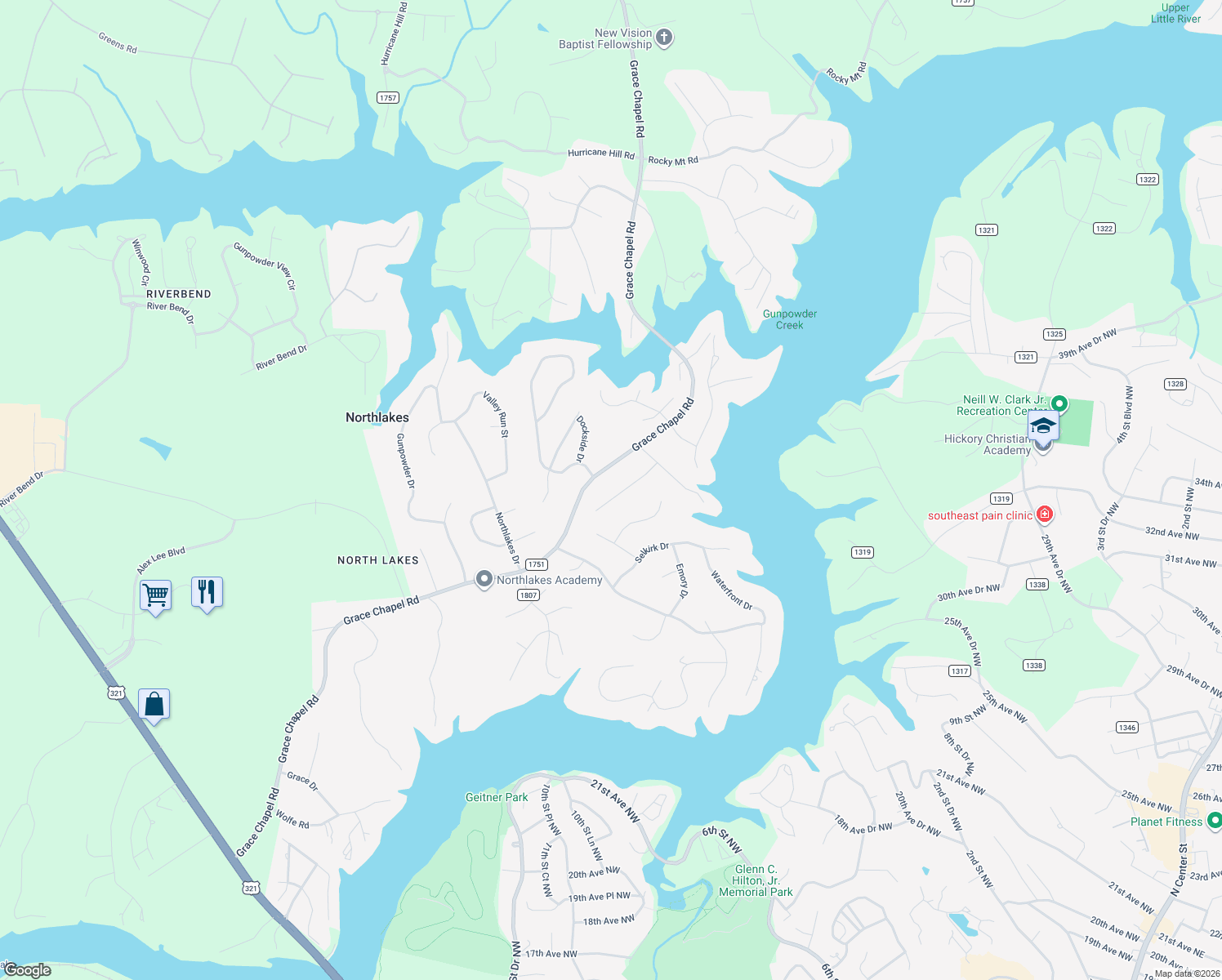 map of restaurants, bars, coffee shops, grocery stores, and more near 5763 Jeremiah Court in Hickory