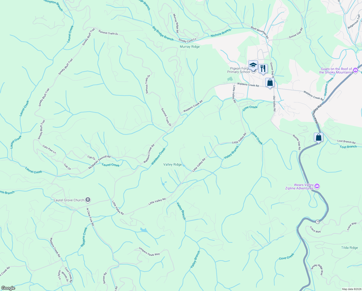 map of restaurants, bars, coffee shops, grocery stores, and more near Goose Creek Resort Drive in Sevierville