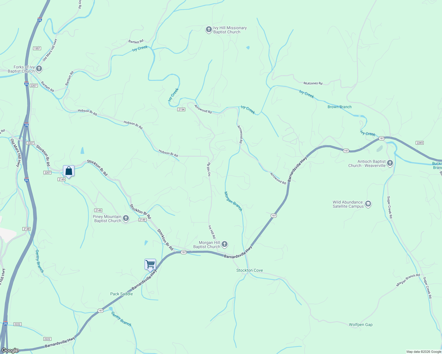 map of restaurants, bars, coffee shops, grocery stores, and more near 41 Ivywood Road in Weaverville