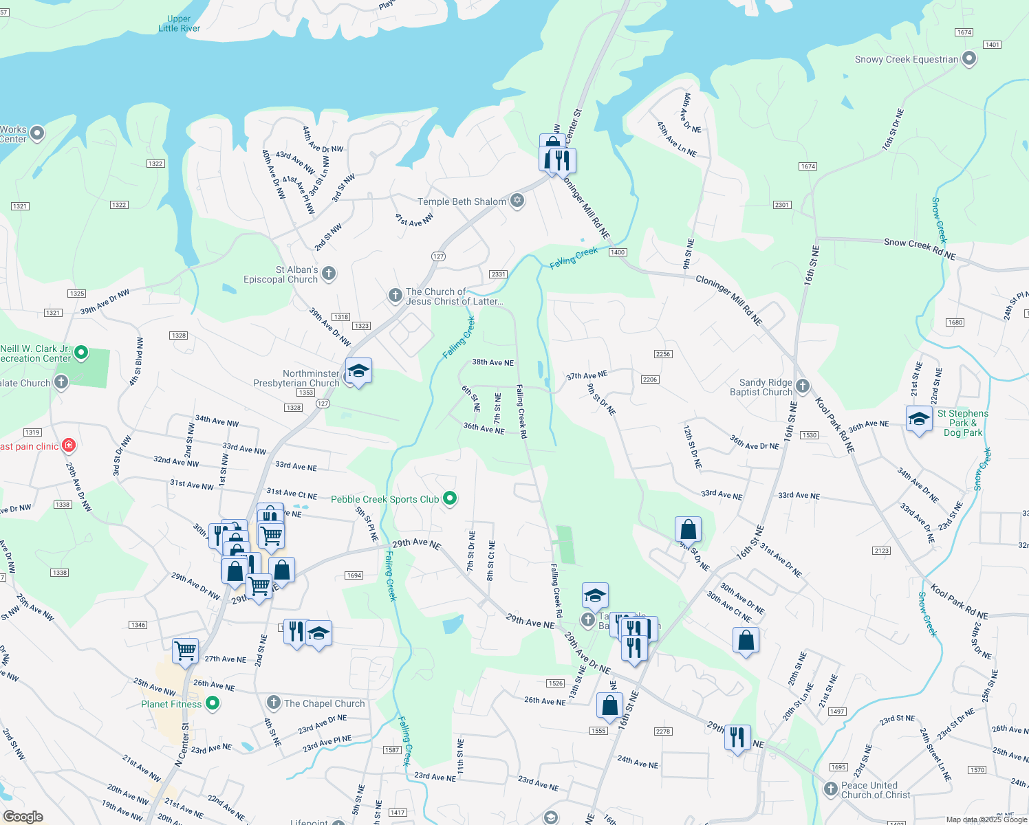 map of restaurants, bars, coffee shops, grocery stores, and more near 3639 Falling Creek Rd in Hickory