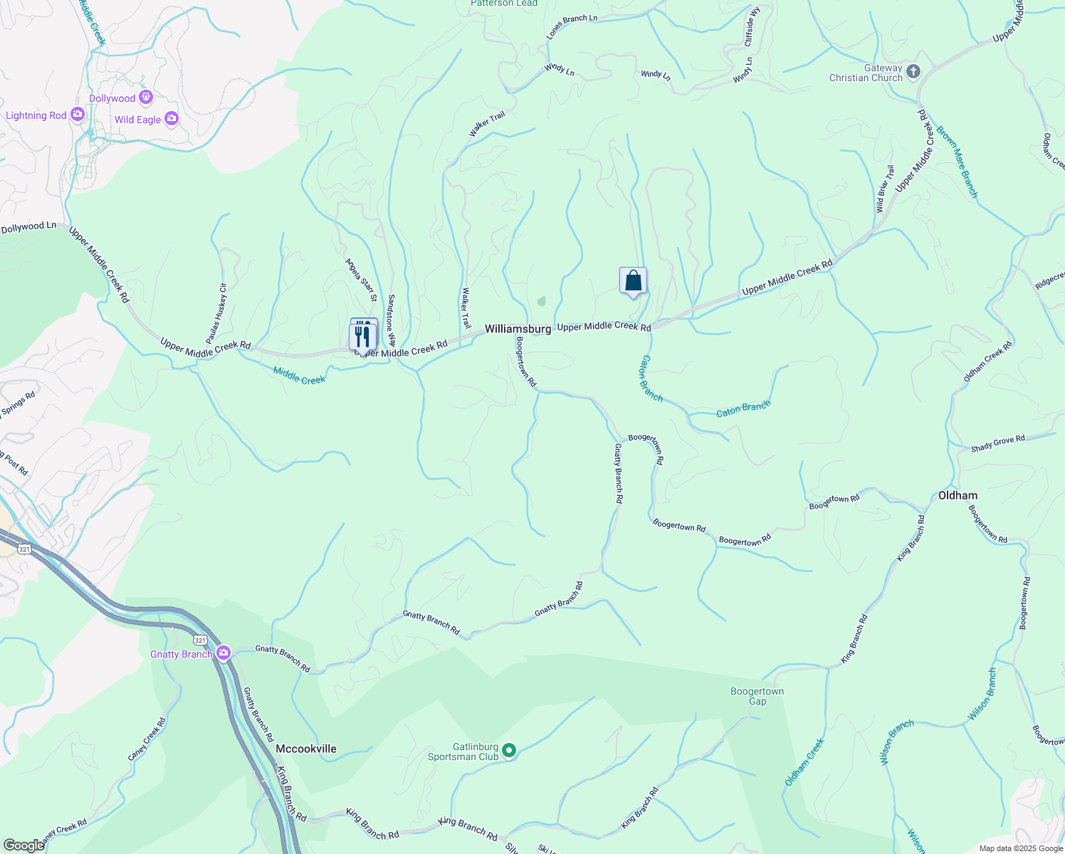 map of restaurants, bars, coffee shops, grocery stores, and more near 1361 Ogle Road in Sevierville
