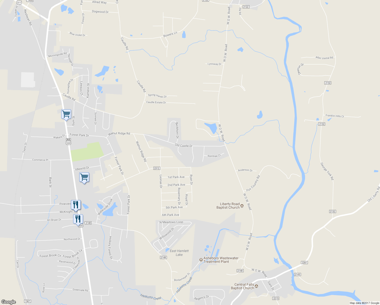 map of restaurants, bars, coffee shops, grocery stores, and more near 2573 Peppertree Ridge Road in Randleman