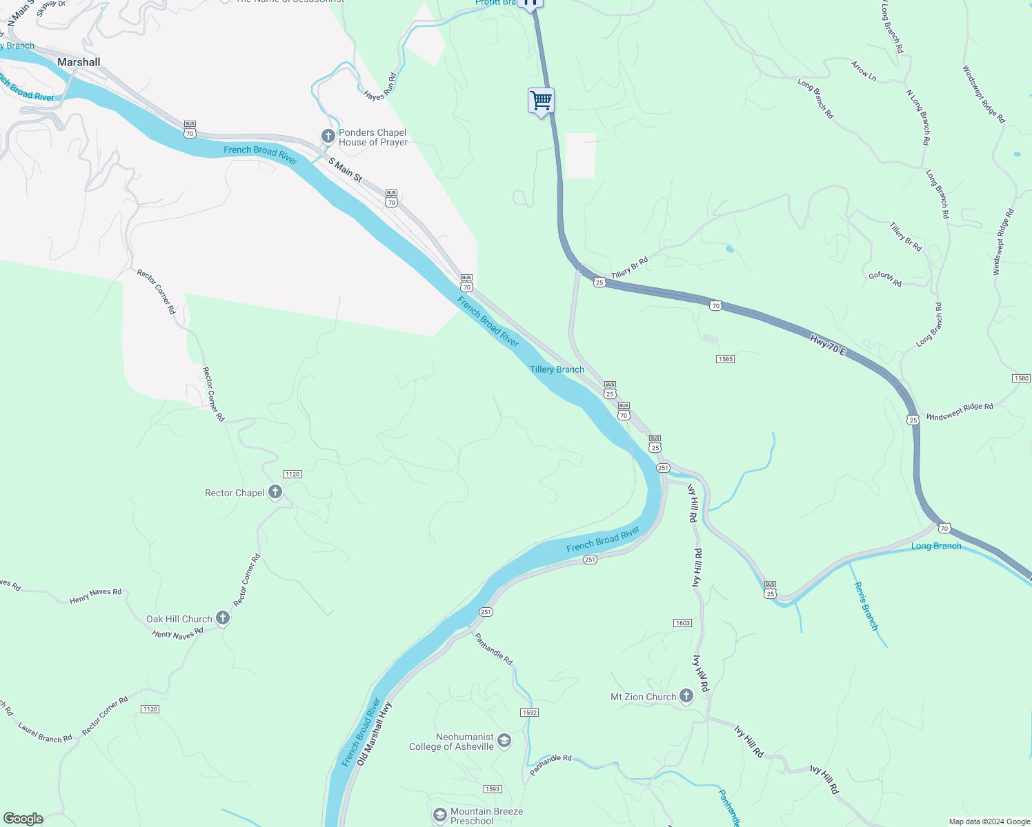 map of restaurants, bars, coffee shops, grocery stores, and more near 329 Cabin Hollow Drive in Marshall