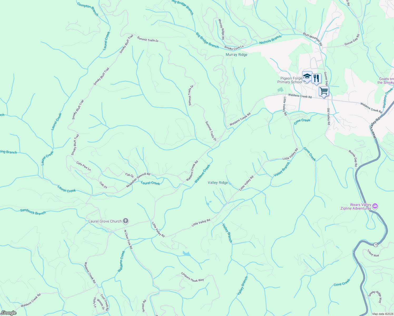 map of restaurants, bars, coffee shops, grocery stores, and more near 2150 Waldens Creek Road in Sevierville