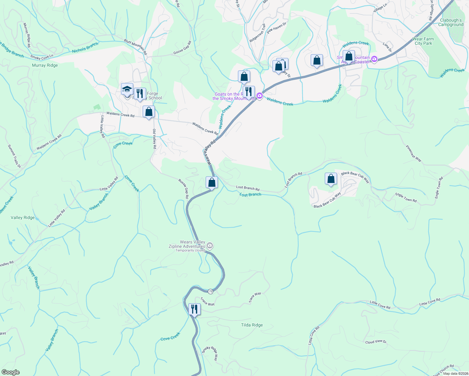 map of restaurants, bars, coffee shops, grocery stores, and more near 3250 Lost Branch Rd in Sevierville