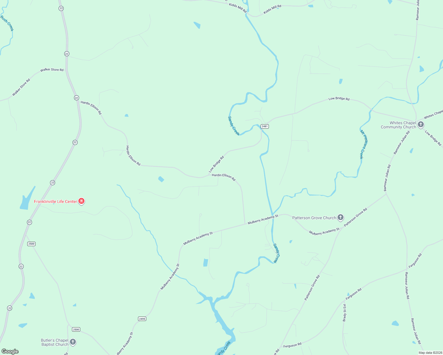 map of restaurants, bars, coffee shops, grocery stores, and more near 4377 Hardin Ellison Road in Franklinville