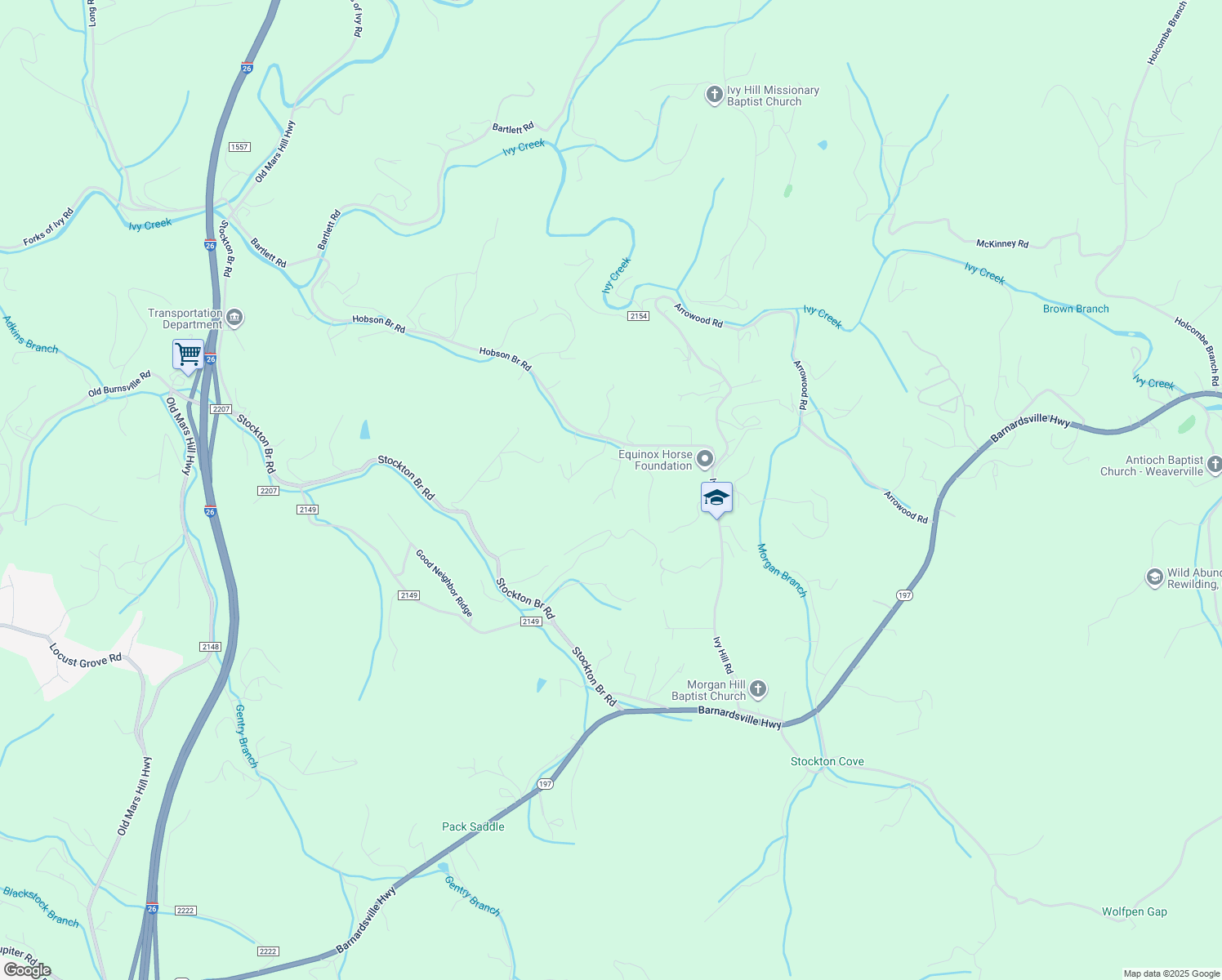 map of restaurants, bars, coffee shops, grocery stores, and more near 15 Willie Lane in Weaverville