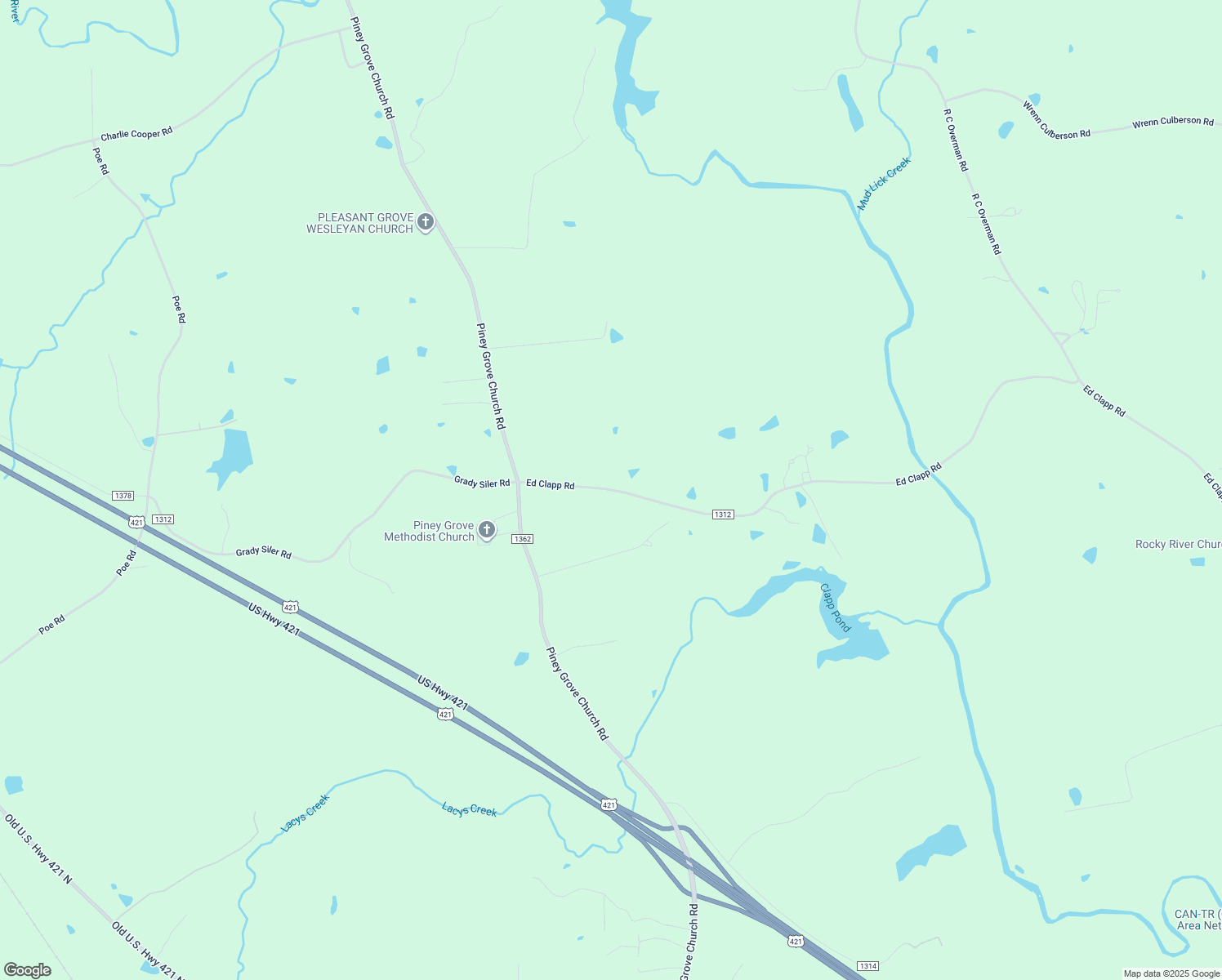 map of restaurants, bars, coffee shops, grocery stores, and more near 1897 Ed Clapp Road in Siler City