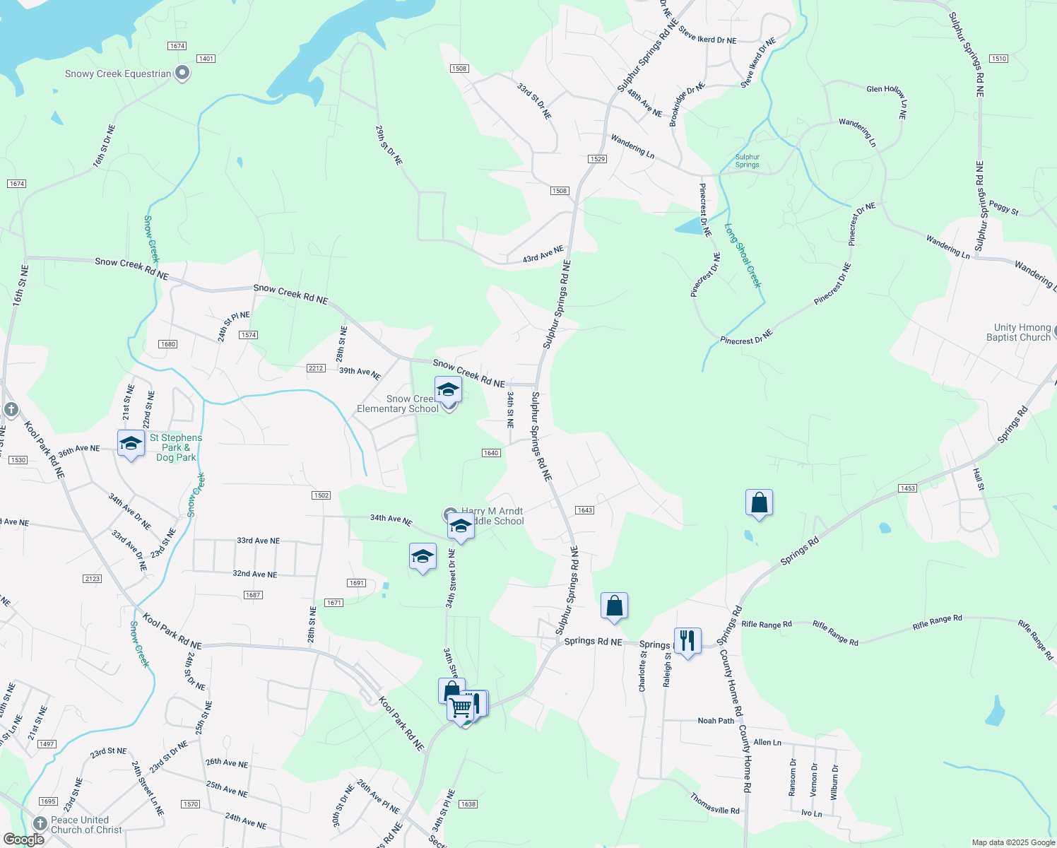 map of restaurants, bars, coffee shops, grocery stores, and more near 3623 Sulphur Springs Road Northeast in Hickory
