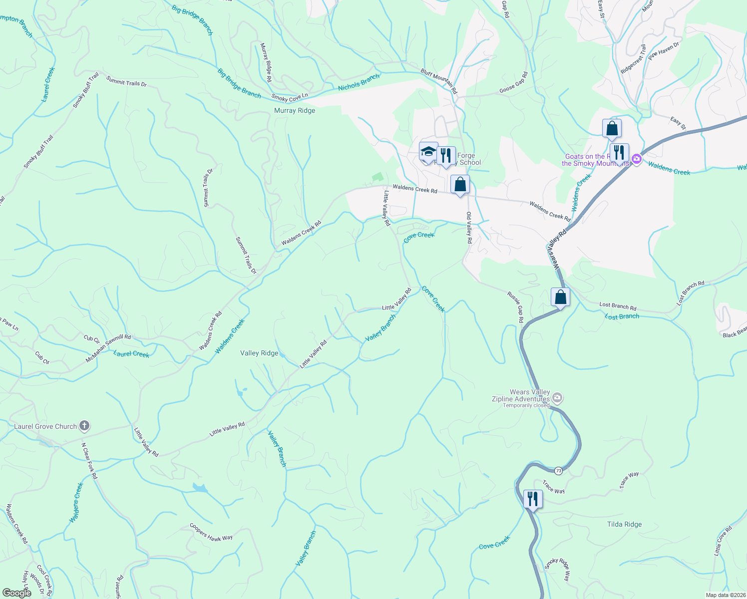 map of restaurants, bars, coffee shops, grocery stores, and more near 2050 Little Valley Road in Sevierville
