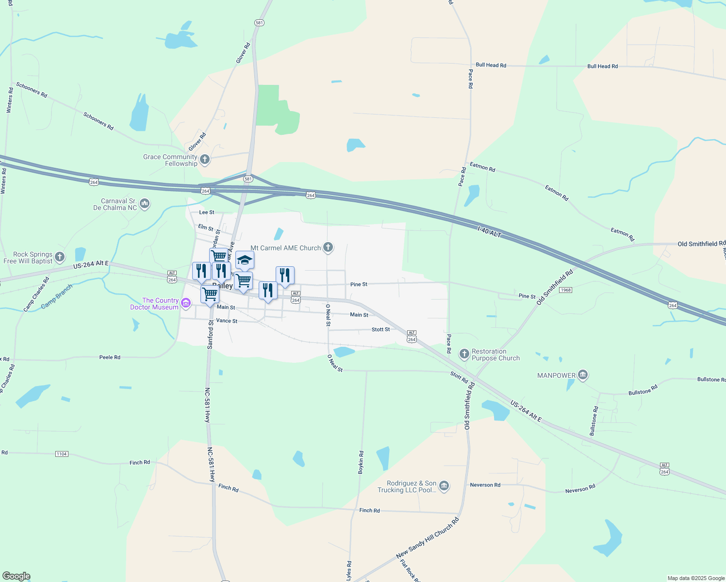 map of restaurants, bars, coffee shops, grocery stores, and more near 5811 Pine Street in Bailey