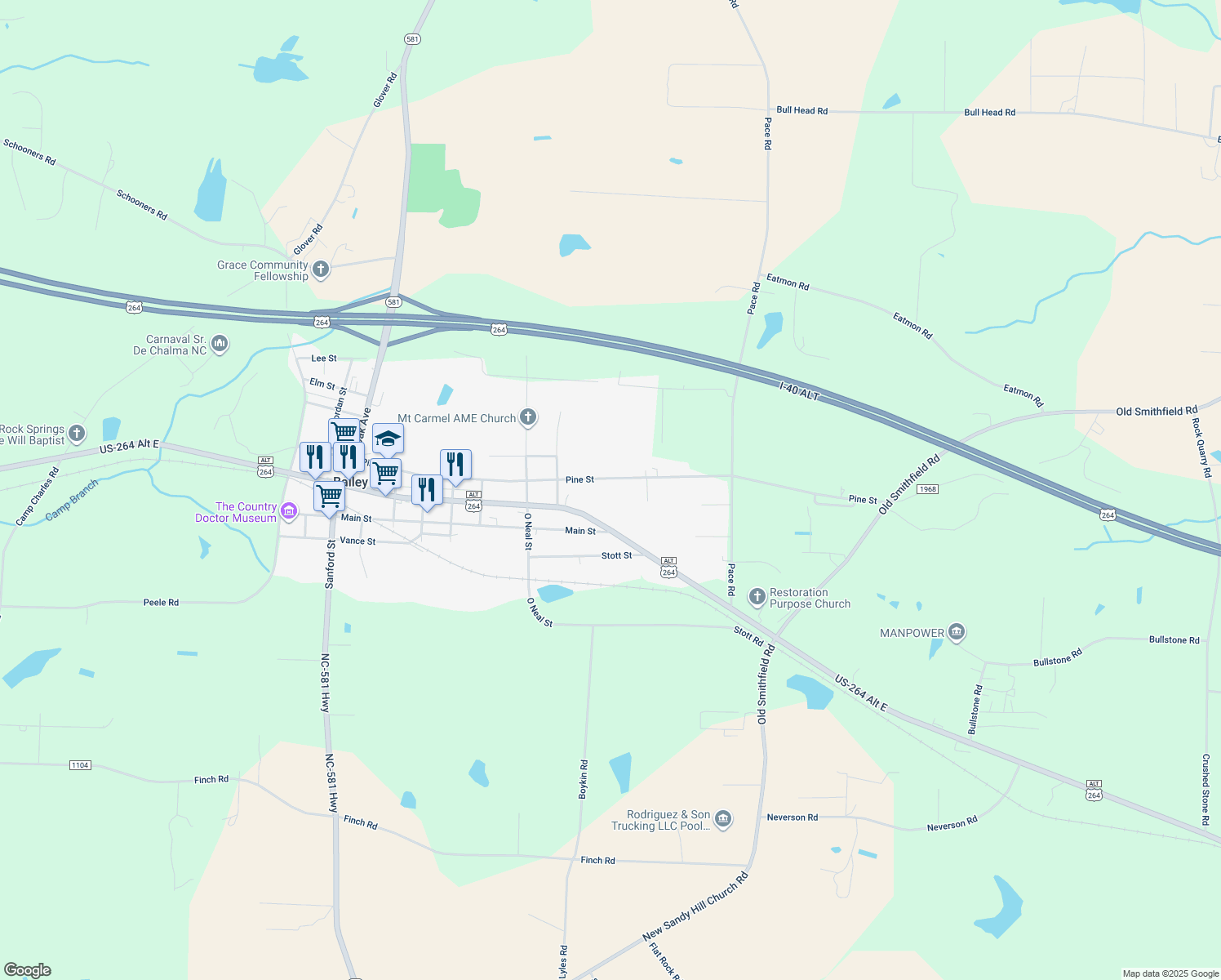 map of restaurants, bars, coffee shops, grocery stores, and more near 5741 Pine Street in Bailey