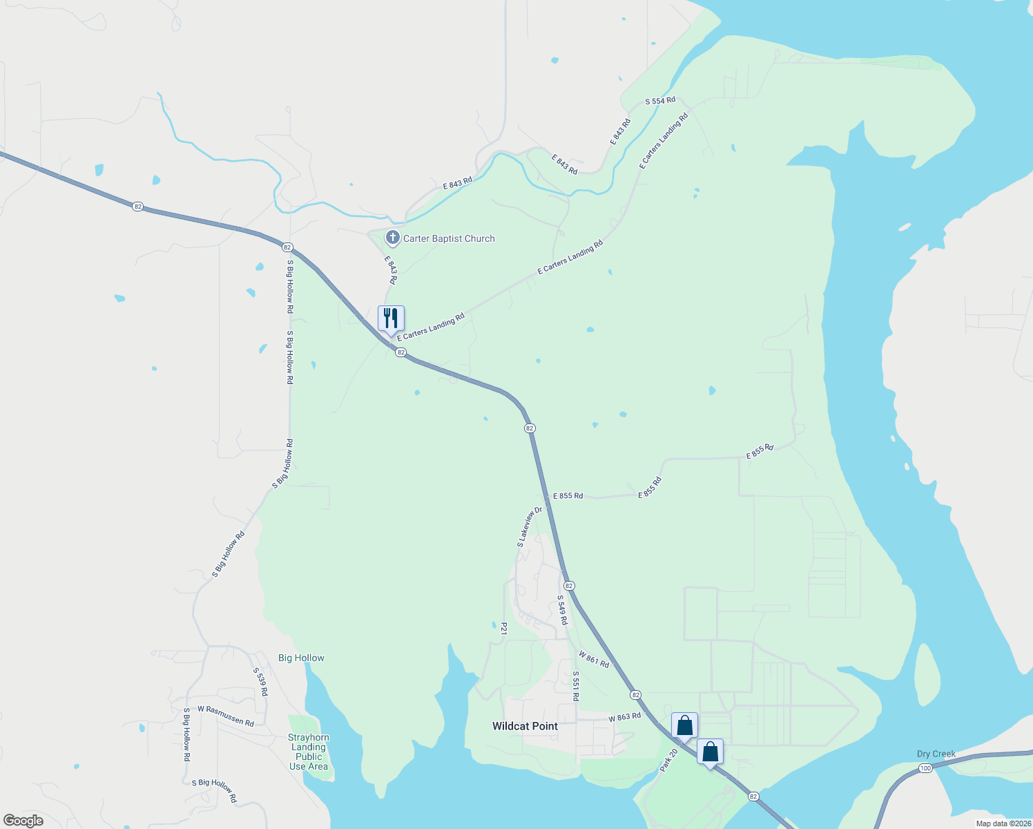 map of restaurants, bars, coffee shops, grocery stores, and more near 27287-27449 Highway 82 in Park Hill