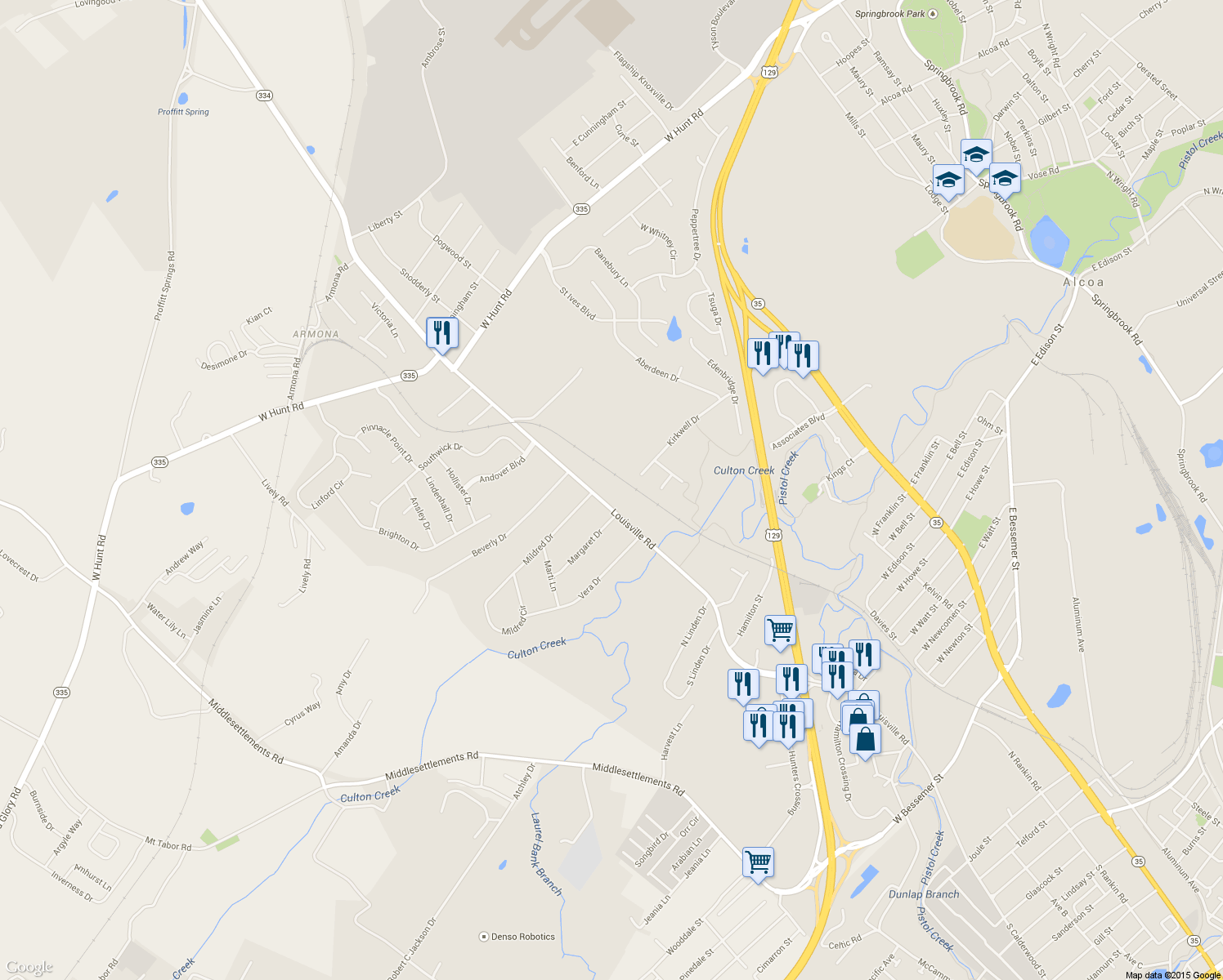 map of restaurants, bars, coffee shops, grocery stores, and more near 1444 Louisville Rd in Alcoa