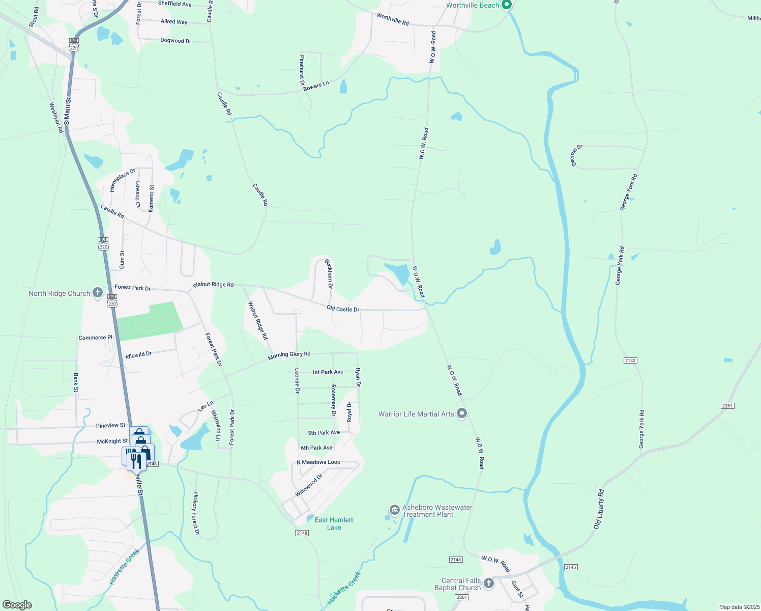 map of restaurants, bars, coffee shops, grocery stores, and more near 741 Old Castle Drive in Randleman