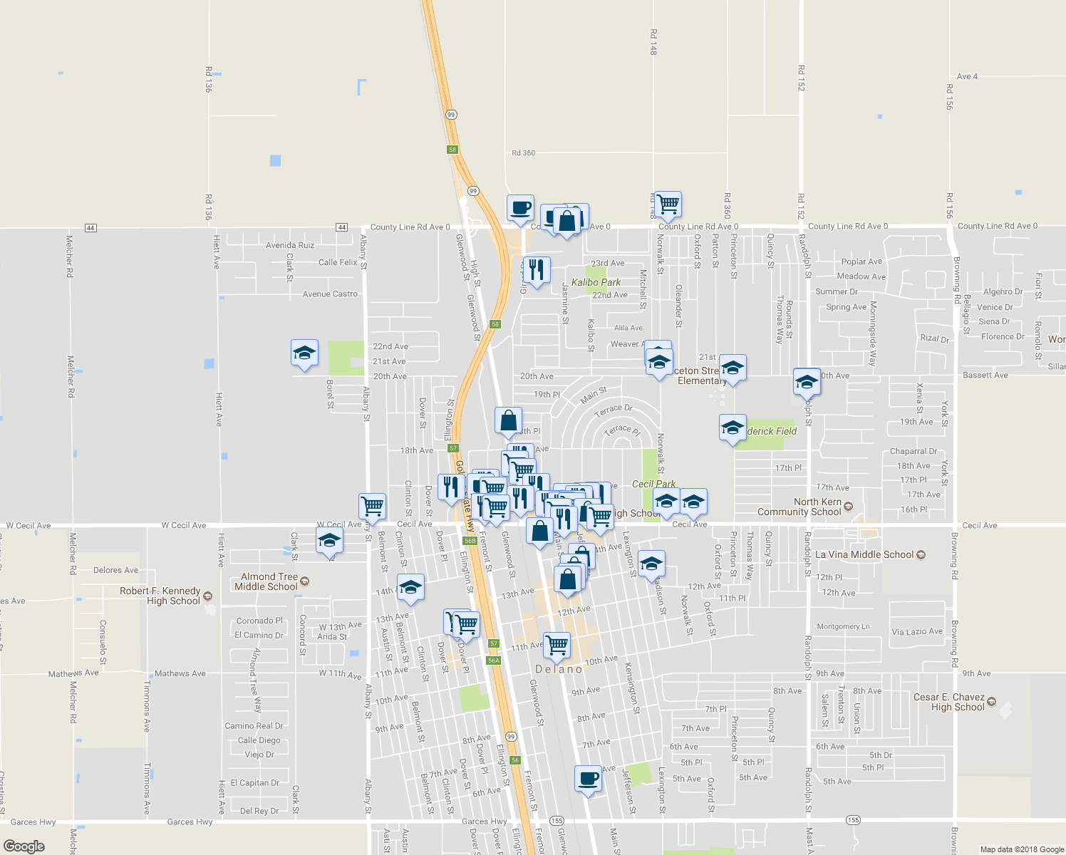 map of restaurants, bars, coffee shops, grocery stores, and more near 725 18th Place in Delano