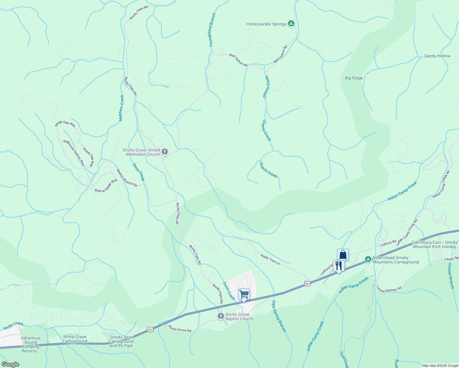 map of restaurants, bars, coffee shops, grocery stores, and more near 5452 Otto Williams Road in Cosby