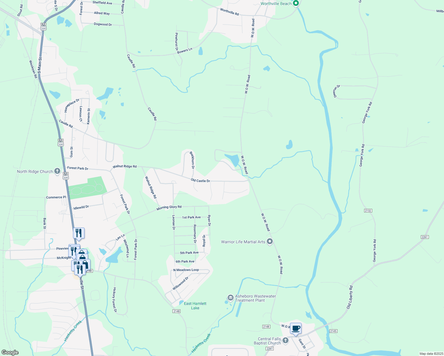 map of restaurants, bars, coffee shops, grocery stores, and more near 741 Old Castle Drive in Randleman
