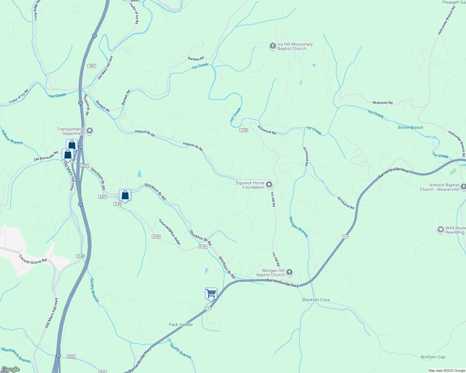 map of restaurants, bars, coffee shops, grocery stores, and more near 15 Willie Lane in Weaverville