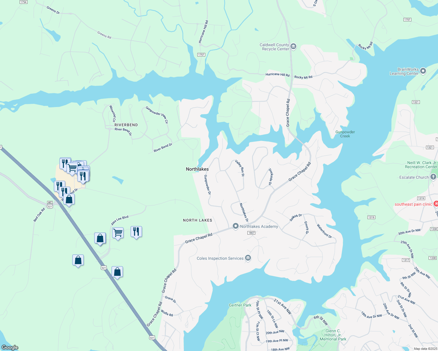 map of restaurants, bars, coffee shops, grocery stores, and more near 5389 Valley Run Street in Hickory