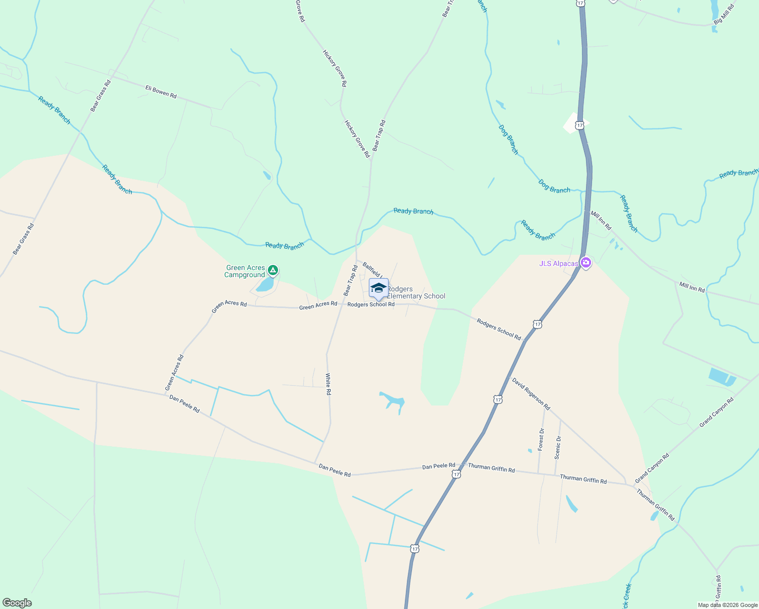 map of restaurants, bars, coffee shops, grocery stores, and more near 2277 Rodgers School Rd in Williamston