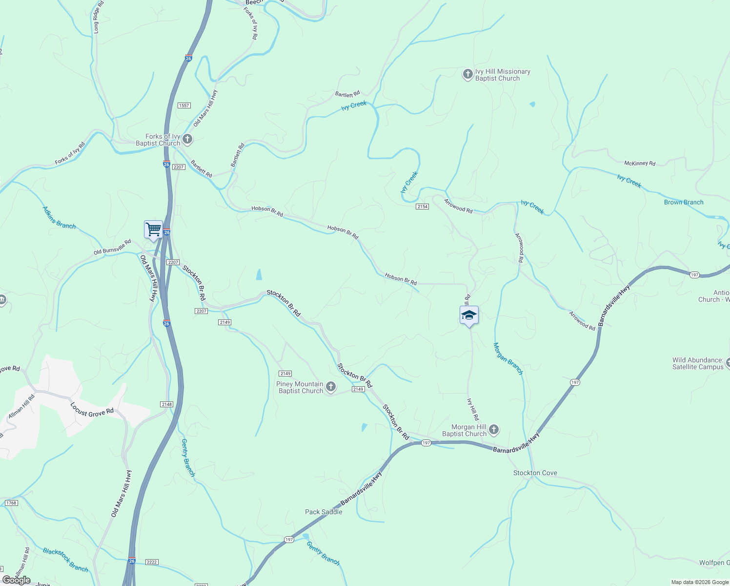map of restaurants, bars, coffee shops, grocery stores, and more near 57 Sun Dog Drive in Weaverville