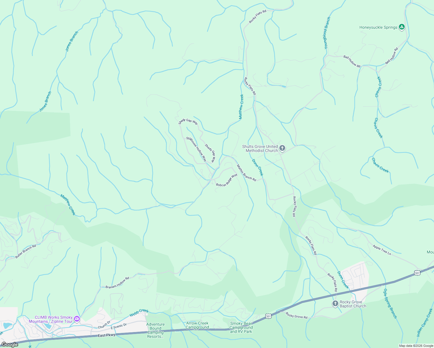 map of restaurants, bars, coffee shops, grocery stores, and more near 468 Bobcat Ridge Way in Cosby