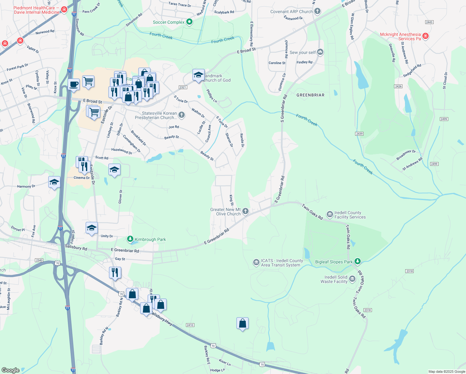 map of restaurants, bars, coffee shops, grocery stores, and more near 1099 King Street in Statesville