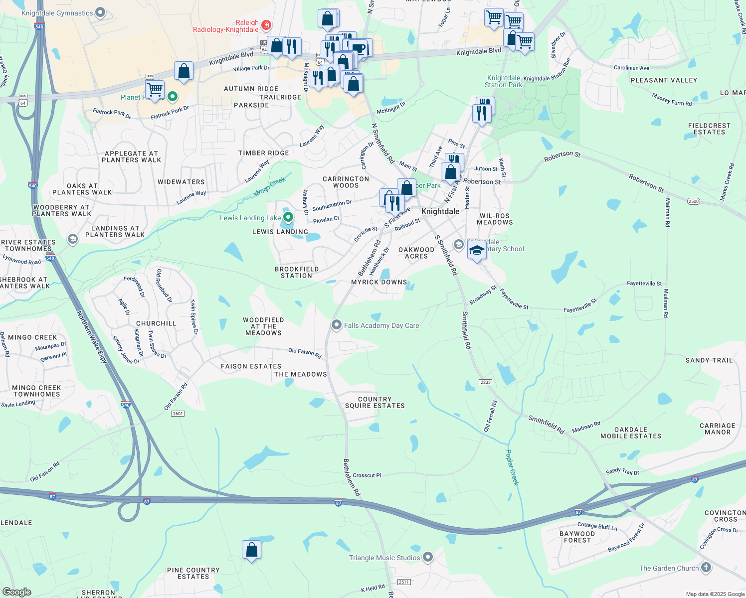 map of restaurants, bars, coffee shops, grocery stores, and more near 103 Iron Kettle Court in Knightdale