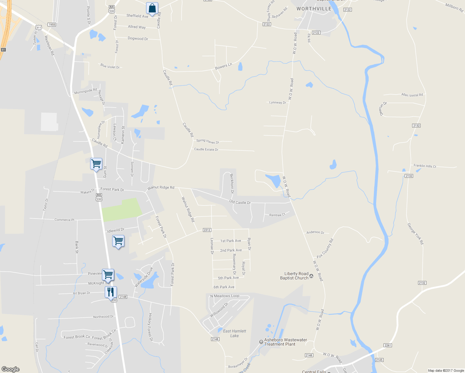 map of restaurants, bars, coffee shops, grocery stores, and more near 2750 Buckhorn Drive in Randleman