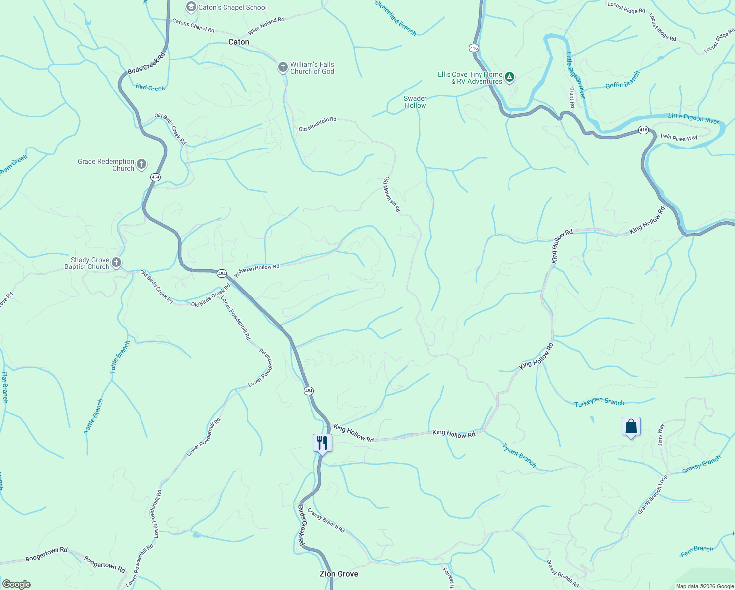 map of restaurants, bars, coffee shops, grocery stores, and more near 3350 Bluebird Ridge Way in Sevierville