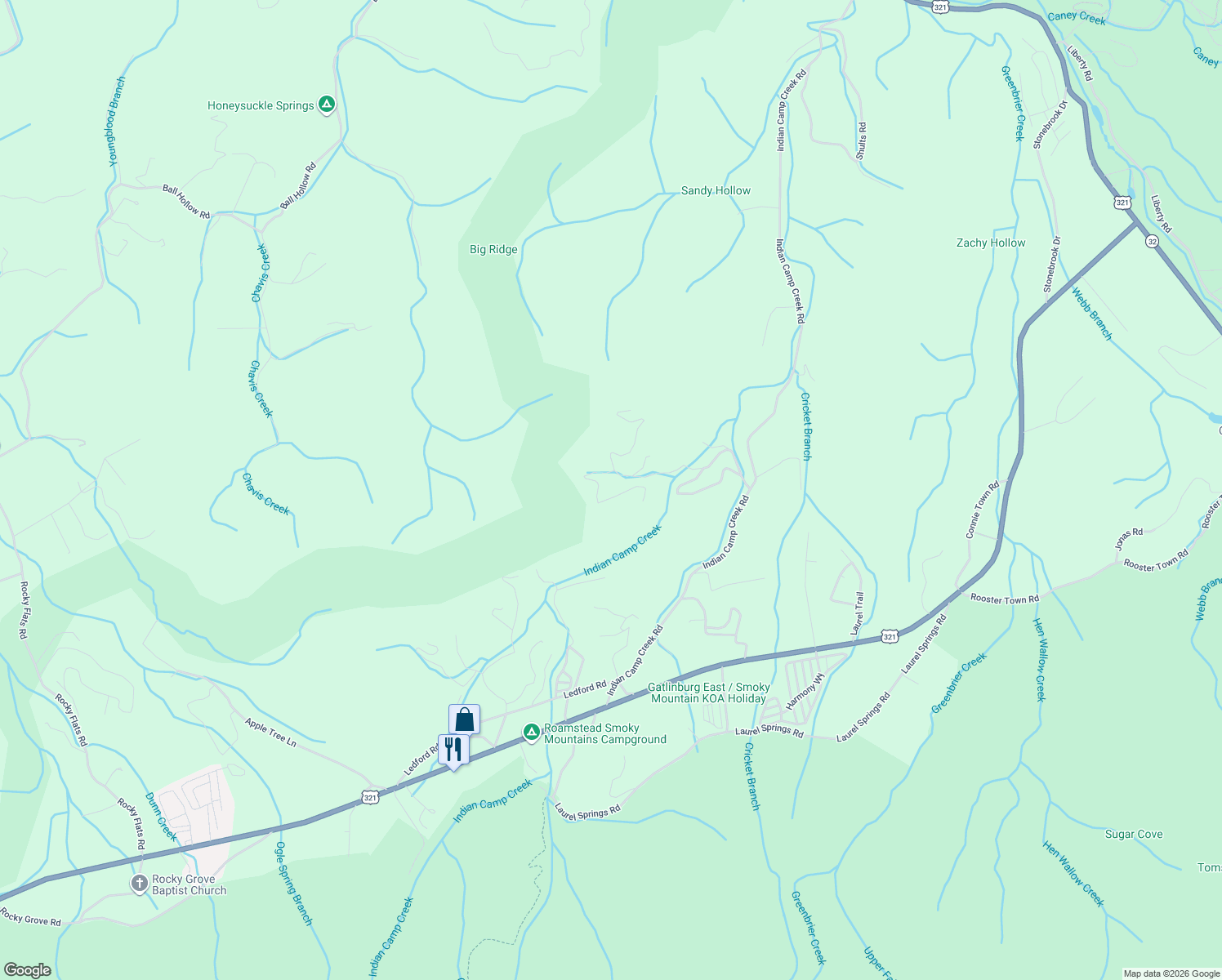 map of restaurants, bars, coffee shops, grocery stores, and more near 283 Costner Road in Cosby
