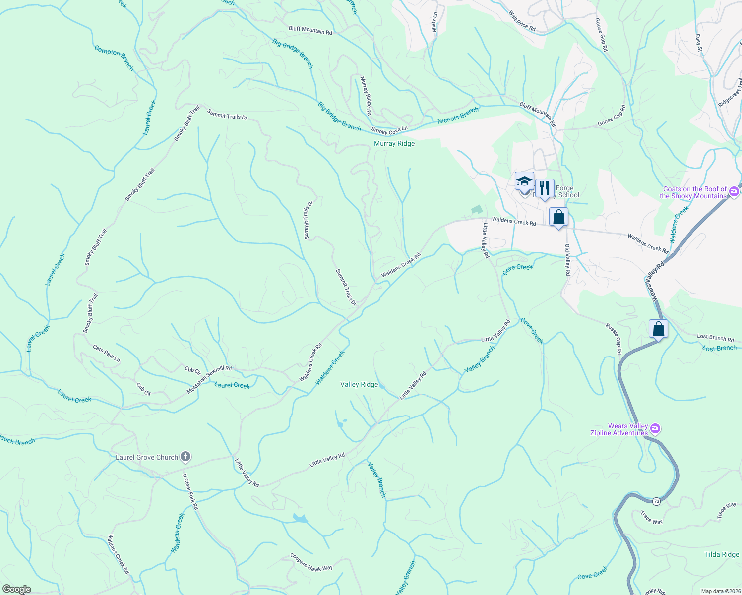 map of restaurants, bars, coffee shops, grocery stores, and more near 2065 Waldens Creek Road in Sevierville