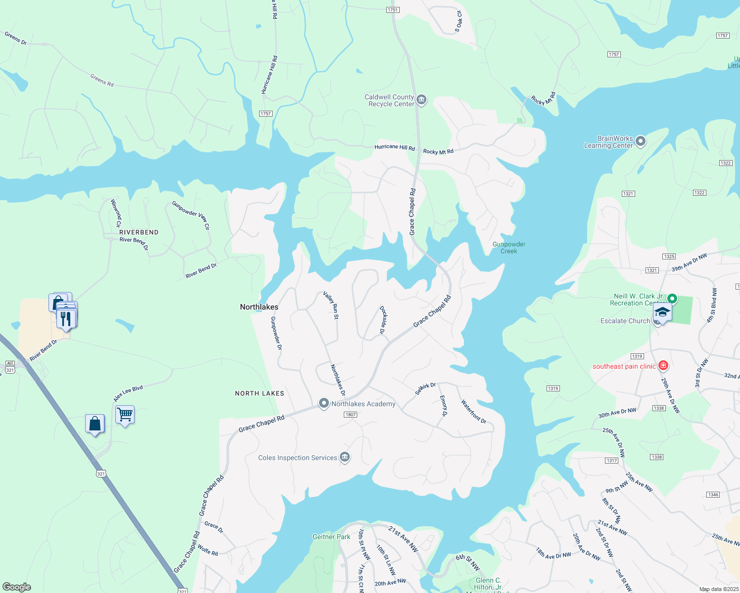 map of restaurants, bars, coffee shops, grocery stores, and more near 5979 Gold Creek Estate Drive in Hickory