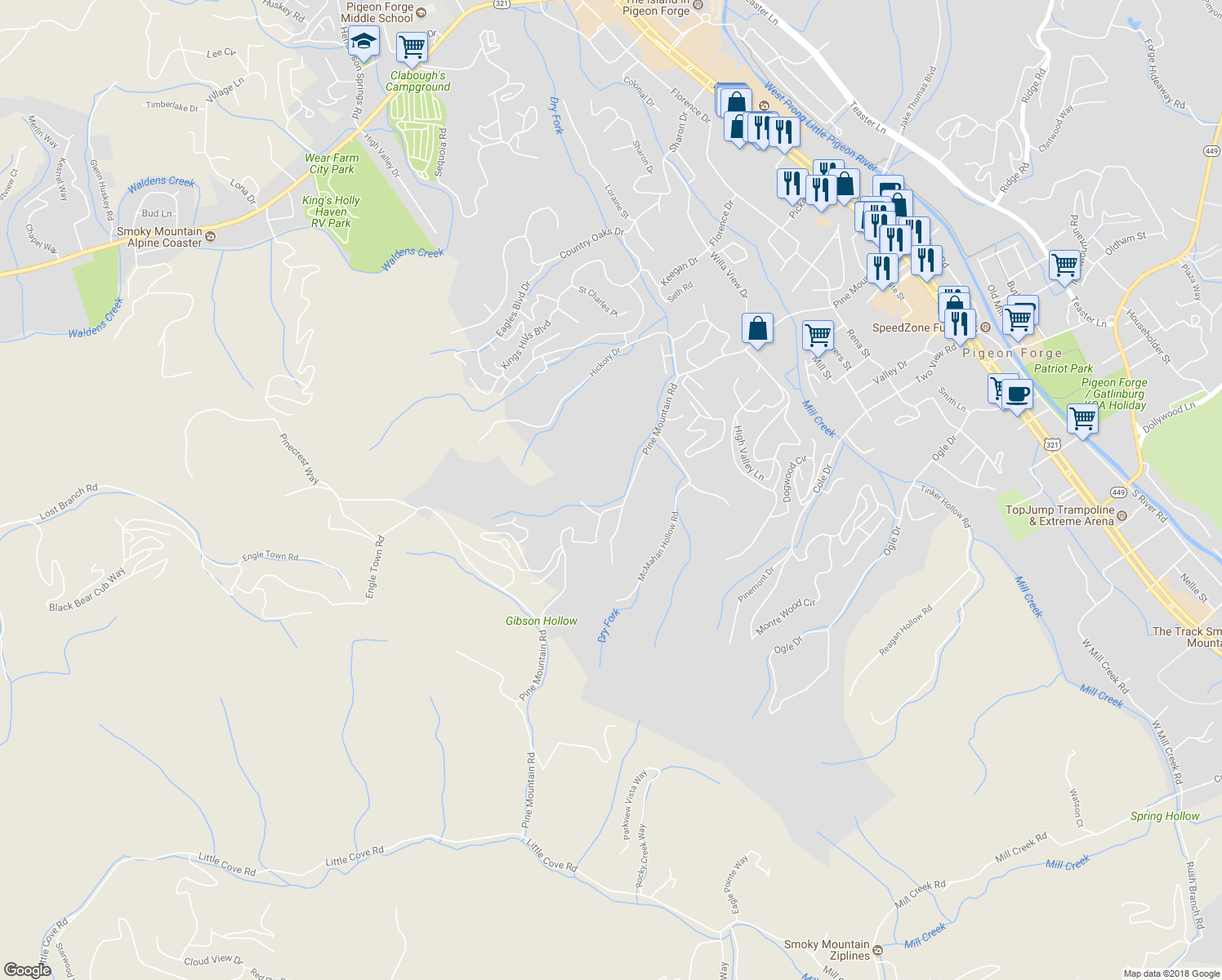 map of restaurants, bars, coffee shops, grocery stores, and more near 790 Pine Mountain Road in Pigeon Forge